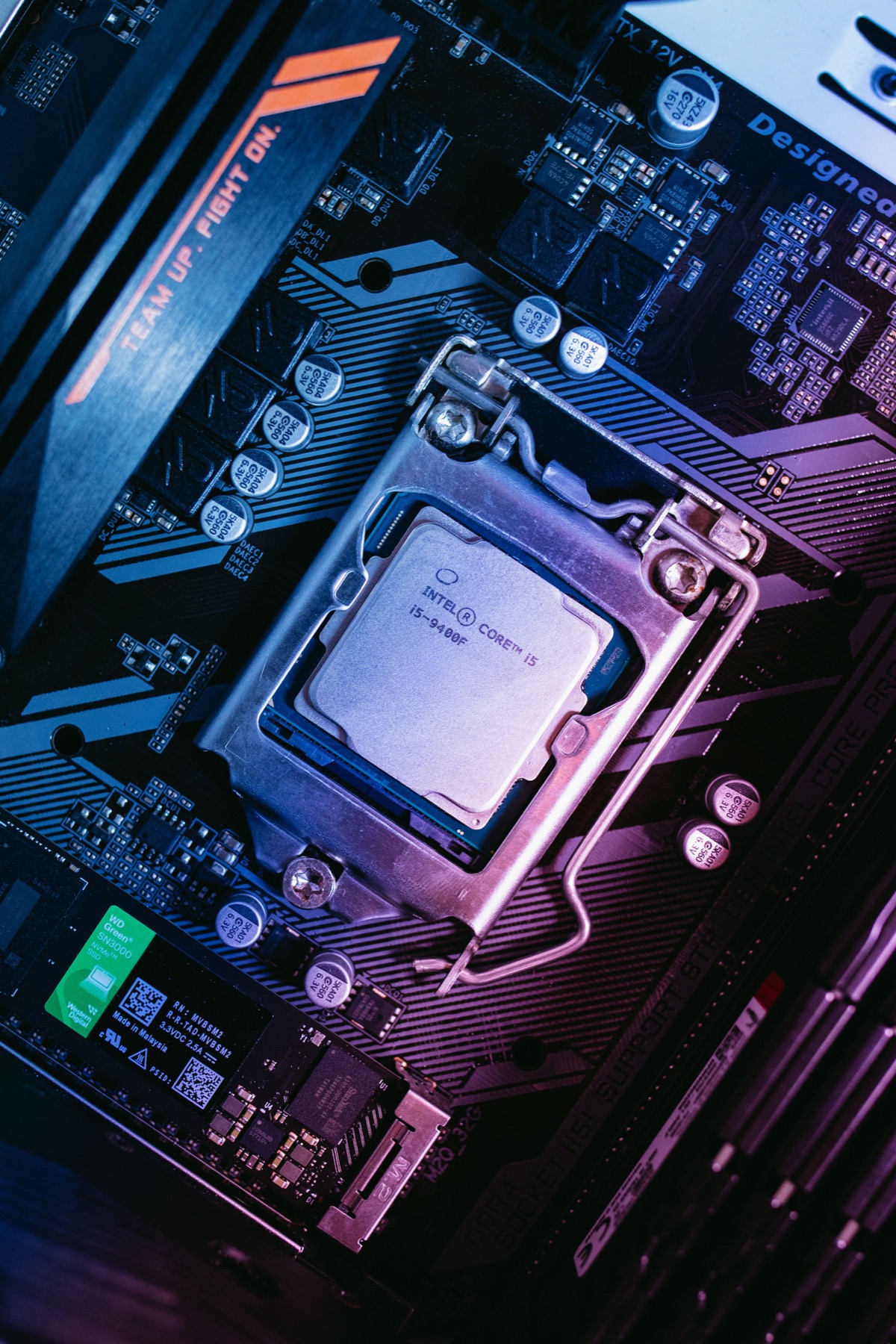 A close view of a computer motherboard and processor