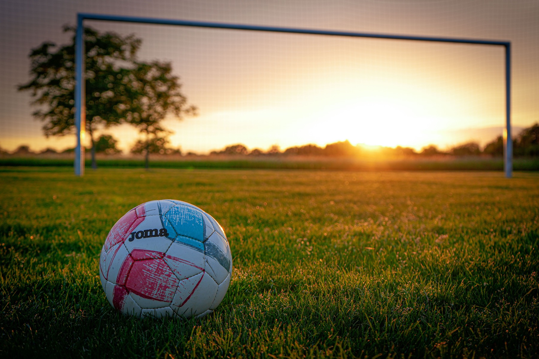 A soccer ball on a field at sunset