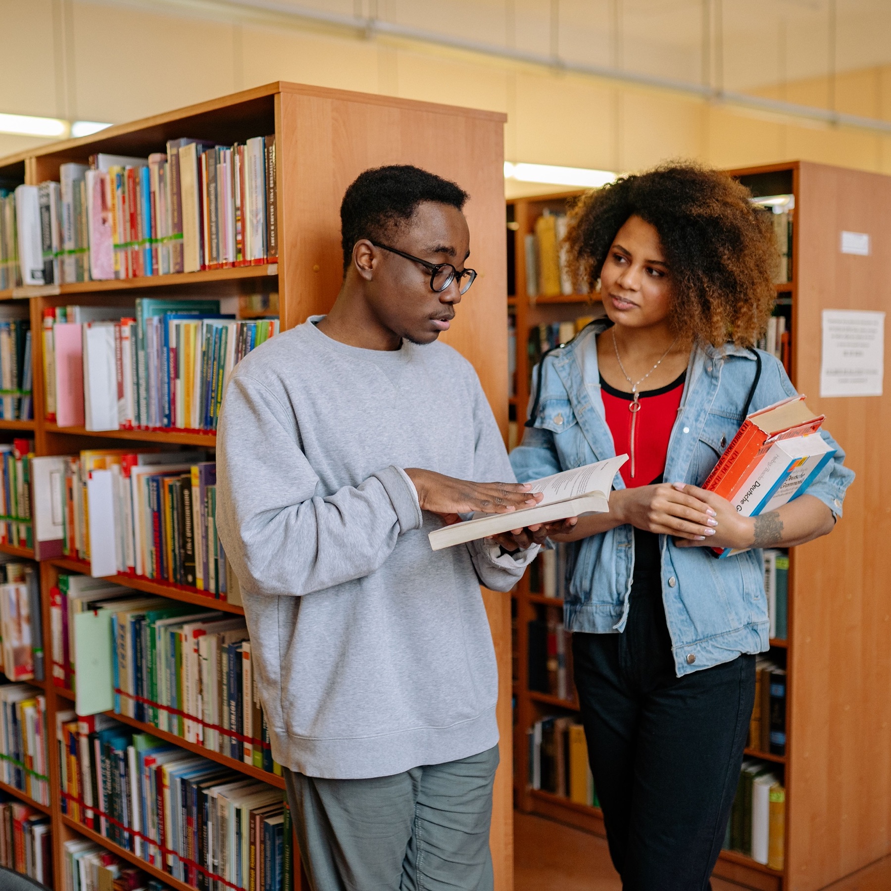 Two students discuss books together in a library
